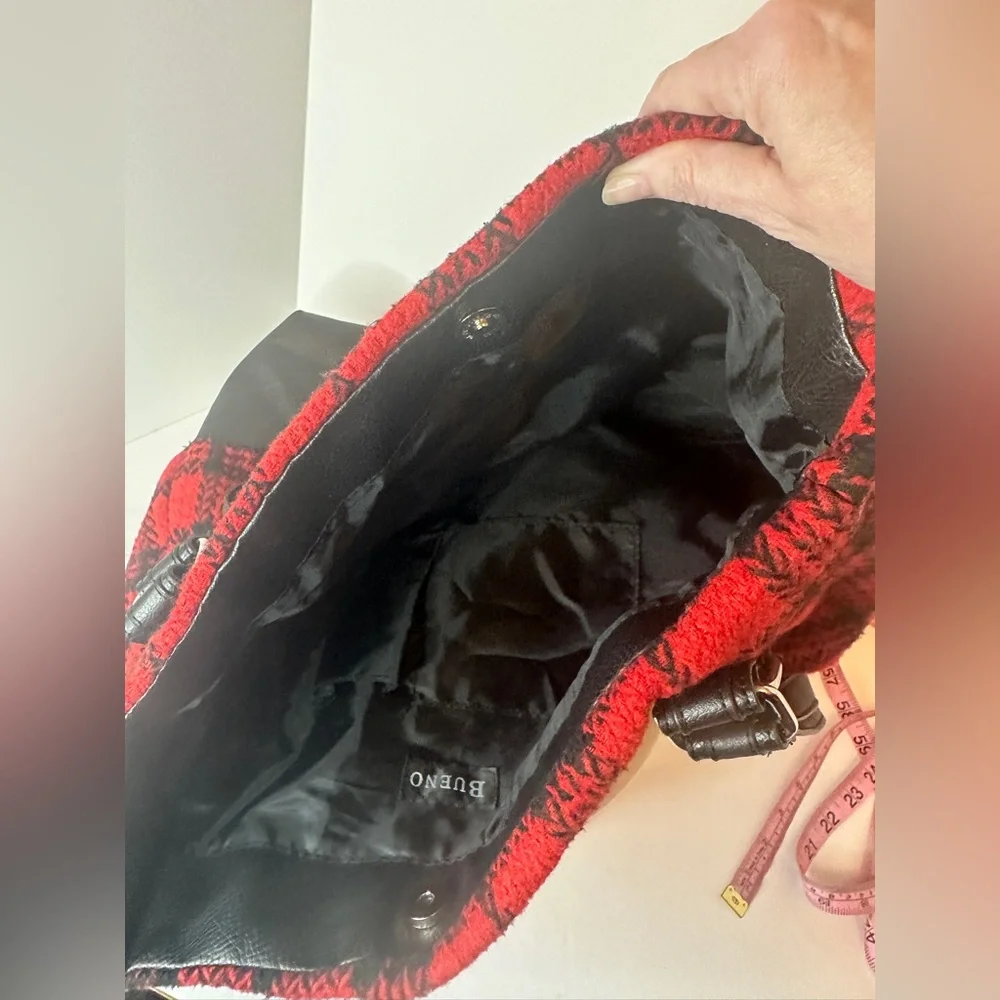 BUENO Large Red and Black Buffalo Plaid Flannel and Black Vegan Leather Tote Bag